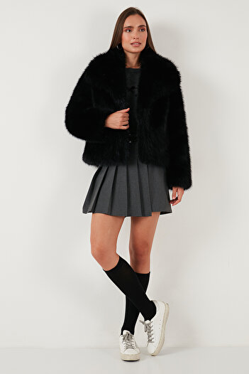 Lela Oversize Fit Shirt Collar Pocketed Lined Fur Coat Fur 497Berry