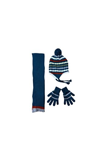 House Of Çınar 3-Piece Children's Knitwear Scarf Beanie Gloves Set (3-7 Years) - Winter Accessory Set Navy Blue