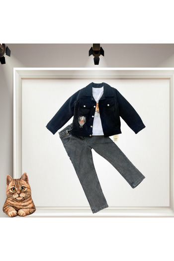House Of Çınar 3-4-5 Years Old Girls' and Boys' Set with Corduroy Jacket and Jeans
