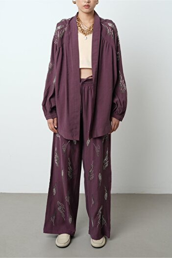 Suziş Beaded Embroidered Pomegranate Color Kimono Pants Set Tk45232