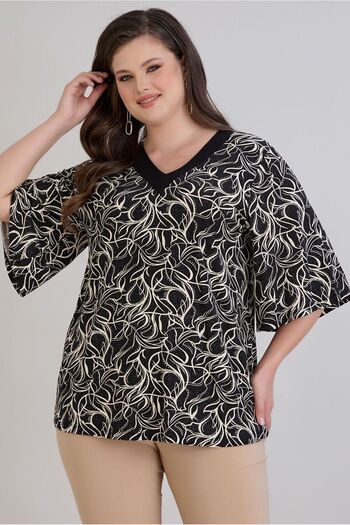 FOR ESRA BIG TREND Women's Plus Size V Neck Patterned Sleeve Flounced Stretchy Viscose Blouse