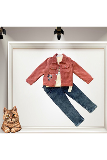 House Of Çınar 3-4-5 Years Old Girls' and Boys' Set with Corduroy Jacket and Jeans