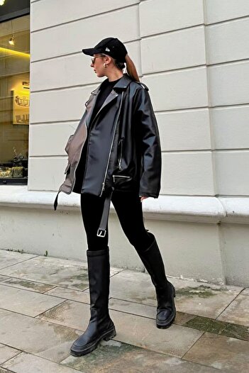 buqre's moda Oversize Γυναικείο Μακρύ Δερμάτινο Μπουφάν Biker