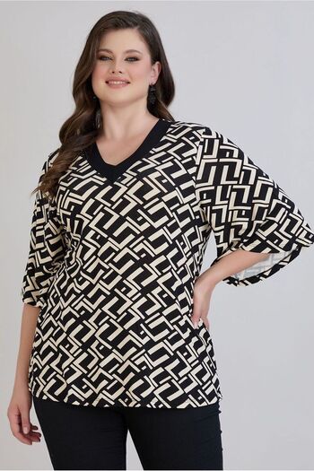 FOR ESRA BIG TREND Women's Plus Size V Neck Patterned Sleeve Flounced Stretchy Viscose Blouse