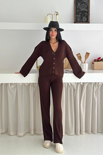 Noi Belis Oversize V-Neck Buttoned Knitwear Bottom-Top Set Aw25Au0007