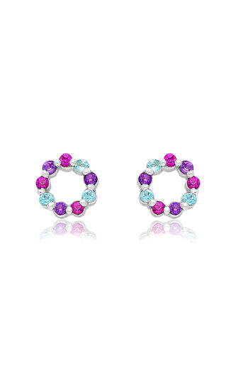 Silver berry S925 Flower Petal Earrings decorated with Pink Sapphire, Amethyst and Blue Topaz