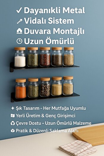 VENON 2.li Set Metal Raf Siyah 30 Cm Mutfak Düzenleme Baharatlık Düzenleyici Toplayıcı