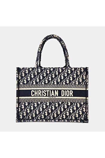 Dior Beige Navy Blue Fabric Oblique Book Tote Bag