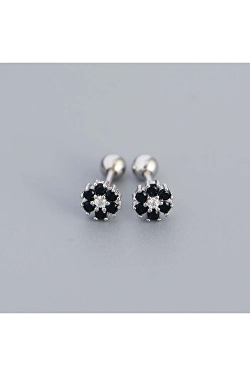 Silver berry S925 Flower Color Earrings - Black