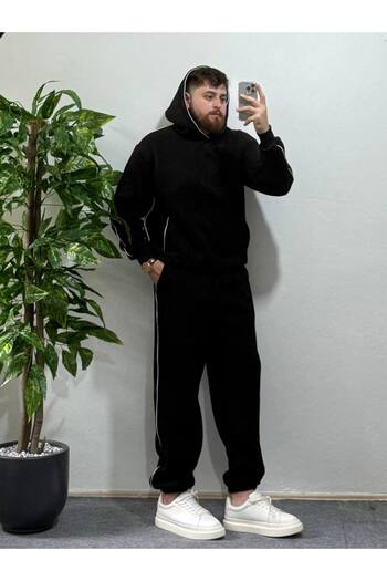 Arvens Vesta Black 3 Thread Winter Hooded Sweatshirt with Side Stripe Detail, Oversized Thick Tracksuit Set with Pockets, Comfortable
