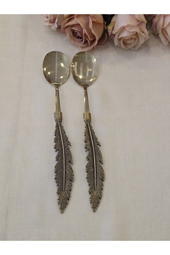 AlyaHomeAksesuar Feather 2 Piece Salad Serving Spoon Set Antique Titanium