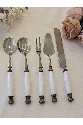 AlyaHomeAksesuar 5 Piece Porcelain Serving Spoon Set Antique Titanium