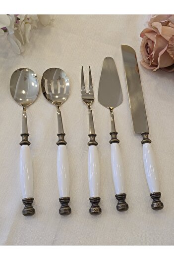 AlyaHomeAksesuar 5 Piece Porcelain Serving Spoon Set Antique Titanium