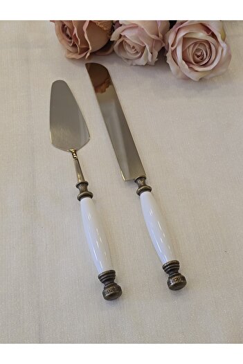 AlyaHomeAksesuar 2 Piece Porcelain Cake Serving Spoon Set Antique Titanium