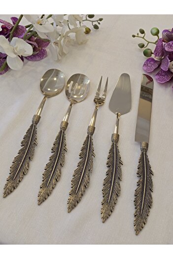 AlyaHomeAksesuar Bird Feather 5 Piece Serving Spoon Set Antique Titanium