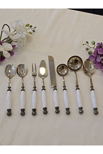 AlyaHomeAksesuar 8 Piece Porcelain Serving Spoon Set Antique Titanium