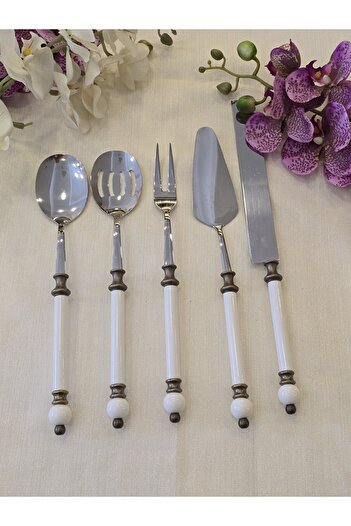 AlyaHomeAksesuar 5 Piece Rustic Porcelain Serving Spoon Set Antique