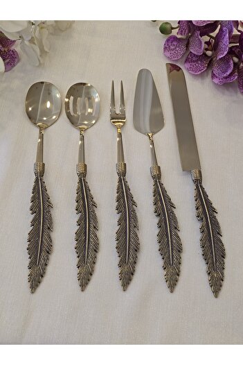 AlyaHomeAksesuar Bird Feather 5 Piece Serving Spoon Set Antique Titanium
