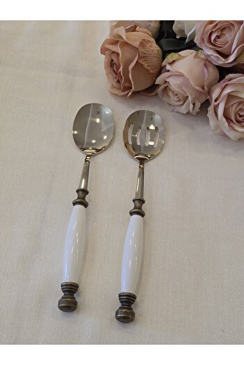 AlyaHomeAksesuar 2 Piece Porcelain Salad Serving Spoon Set Antique Titanium