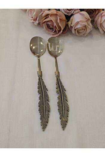AlyaHomeAksesuar Feather 2 Piece Salad Serving Spoon Set Antique Titanium
