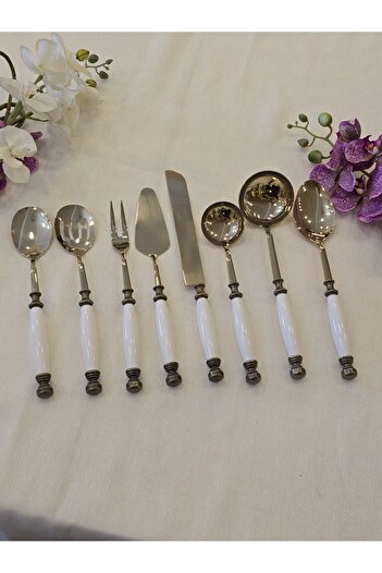 AlyaHomeAksesuar 8 Piece Porcelain Serving Spoon Set Antique Titanium