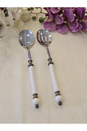 AlyaHomeAksesuar 2 Piece Rustic Porcelain Salad Serving Spoon Set Antique