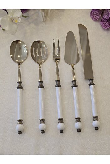 AlyaHomeAksesuar 5 Piece Rustic Porcelain Serving Spoon Set Antique Titanium