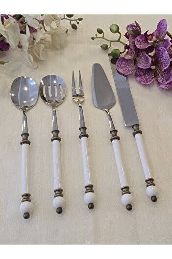 AlyaHomeAksesuar 5 Piece Rustic Porcelain Serving Spoon Set Antique