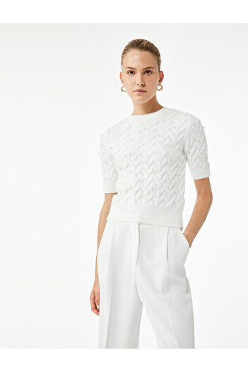 Koton Pearl Embroidery Detailed Short Sleeve Crew Neck Hair Knit Sweater