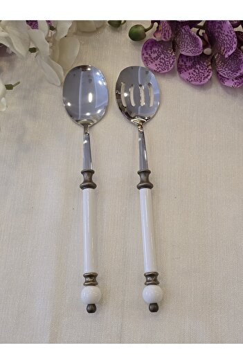 AlyaHomeAksesuar 2 Piece Rustic Porcelain Salad Serving Spoon Set Antique