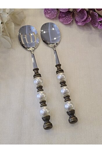 AlyaHomeAksesuar 2 Piece Pearl Salad Serving Spoon Set Antique