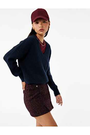 Koton Buttoned A-Line Slim Fit Tweed Mini Skirt with Pocket Detail