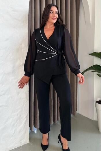 FOR ESRA BIG TREND Women's Plus Size Double Breasted Collar Stone Stripe Detail Long Chiffon Sleeve Pants Waist Elastic 2-Piece Evening Dress Set