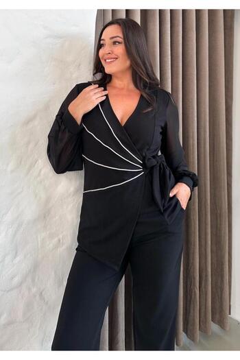 FOR ESRA BIG TREND Women's Plus Size Double Breasted Collar Stone Stripe Detail Long Chiffon Sleeve Pants Waist Elastic 2-Piece Evening Dress Set