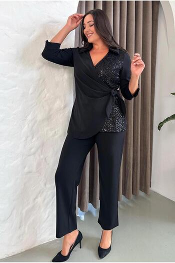 FOR ESRA BIG TREND Women's Plus Size Double Breasted Shirt Collar Sequin Block Waist Tie Three Quarter Sleeve 2-Piece Evening Dress Set