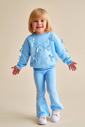 Minigimin Cicileri My Little Girl's Leggings with Ribbon Patterned Tights - Light Blue