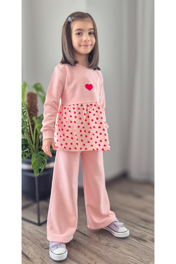 BALKABAĞI Kalp Müslin Garnili Kız Çocuk Pembe Tunikli Eşofman Takımı %100 pamuk (2-8 yaş)