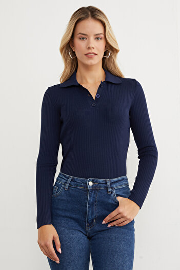 Fulla Moda Ribbed Polo Neck Half Button Knit Sweater