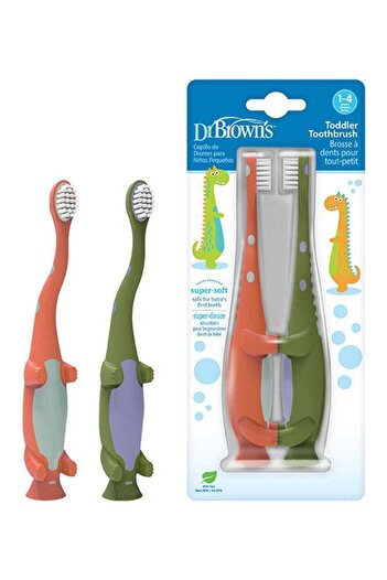 dr browns Dr. Brown’s Pack Of 2 Toddler Toothbrush, Dinosaur, Green/Orange