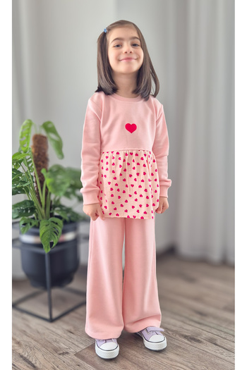 BALKABAĞI Kalp Müslin Garnili Kız Çocuk Pembe Tunikli Eşofman Takımı %100 pamuk (2-8 yaş)