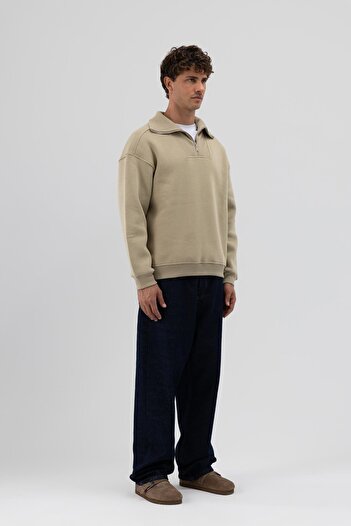 VAMOSCLO Basic Zippered Stand Collar Sweatshirt Khaki