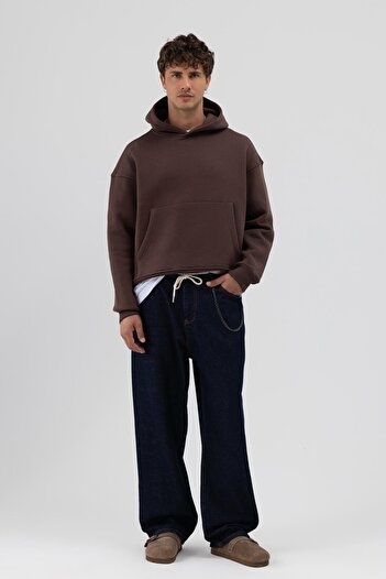VAMOSCLO Basic Hooded Boxy Fit Sweatshirt Brown