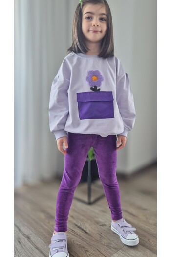BALKABAĞI Torba Cepli Süzene Flower Embroidered Lilac Sweat Purple Velvet Leggings Girl's Suit (2-8 Years Old)