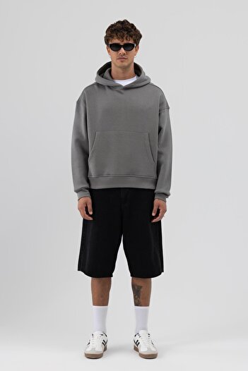 VAMOSCLO Basic Hooded Boxy Fit Sweatshirt Smoked