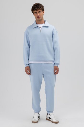 VAMOSCLO Oversize Zippered Stand Collar Sweatshirt Baby Blue
