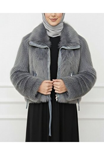 Modamorfo Leather Garnished, Lined Inside, Zippered, Rope Detailed Fur Coat - Smoked