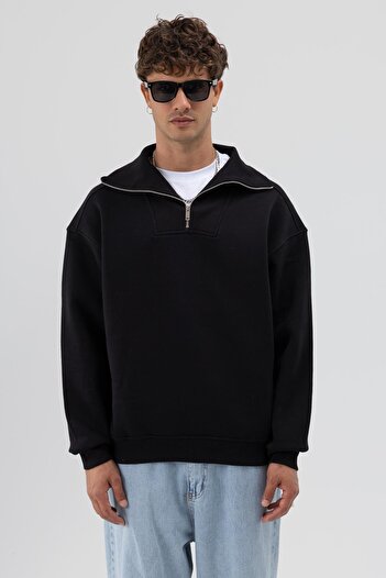 VAMOSCLO Basic Zippered Stand Collar Sweatshirt Black
