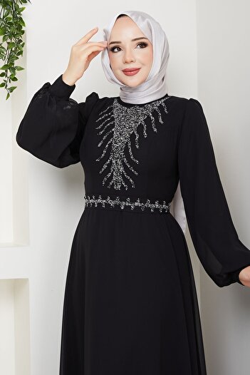 InStyle Black Chiffon Evening Dress with Stones on the Front