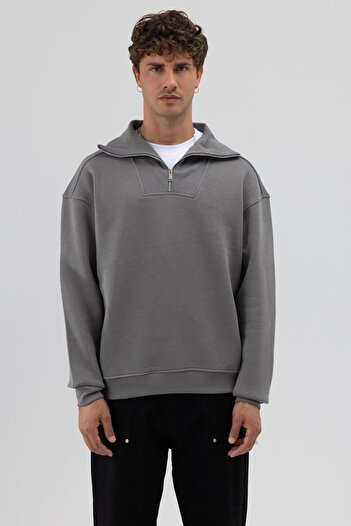VAMOSCLO Basic Zippered Stand Collar Sweatshirt Smoked