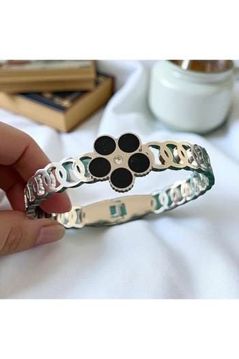 Kutcha Accessories Black Flower Motif Stone Detailed Steel Handcuff Bracelet